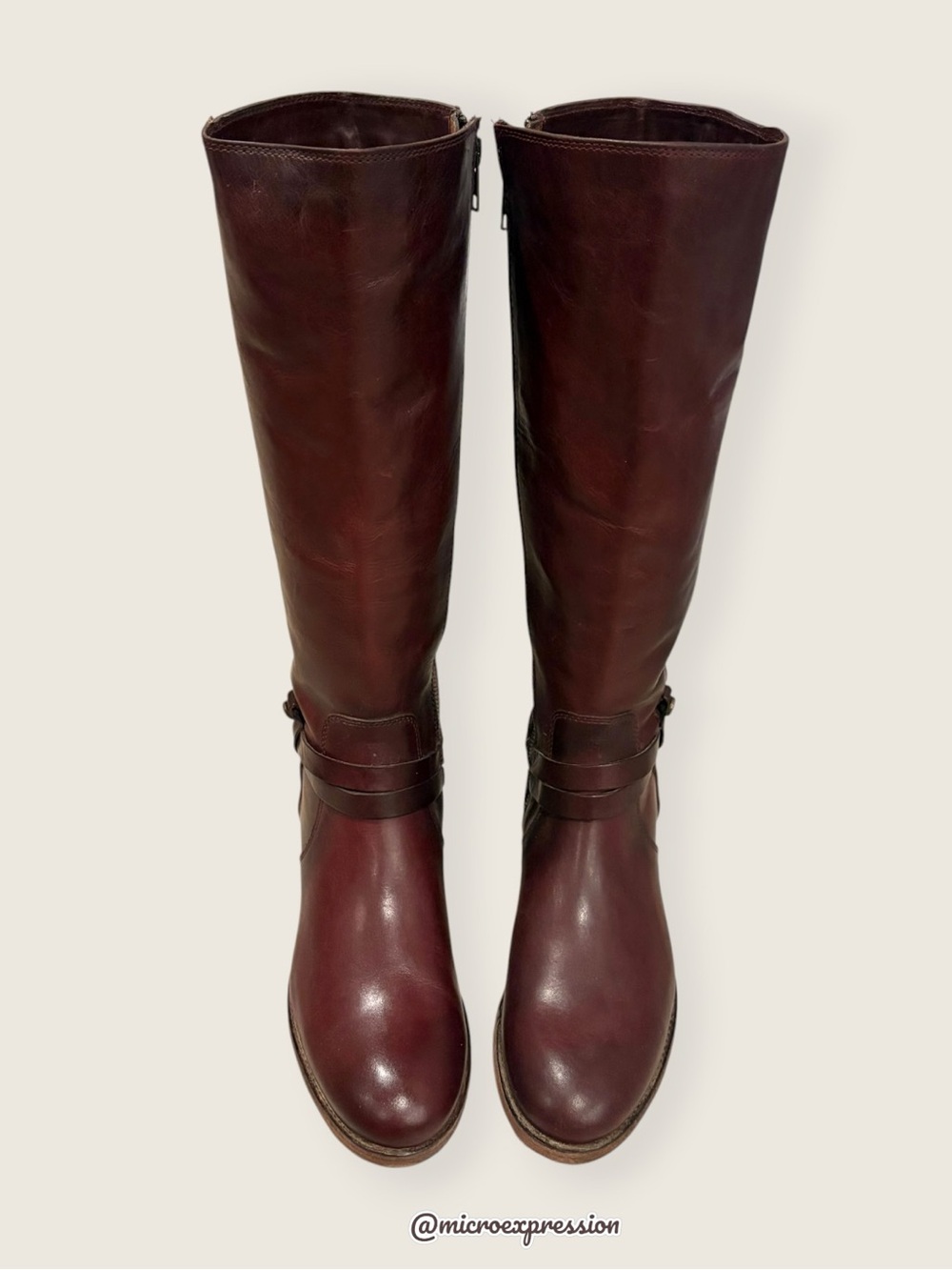 $398 Frye Melissa Belted Burgundy Brown Fall Knee High Tall Leather Riding Boots - Picture 9 of 16